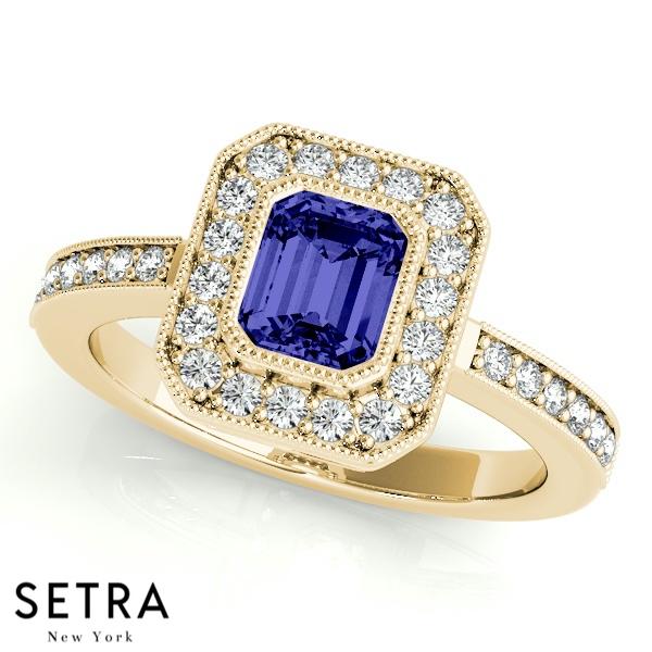 GEM STONE ENGAGEMENT HALO RING DIAMOND & SAPPHIRE 14K GOLD RING
