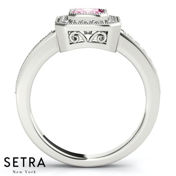 GEMSTONE ENGAGEMENT HALO RING DIAMOND & PINK SAPPHIRE 14K GOLD RING