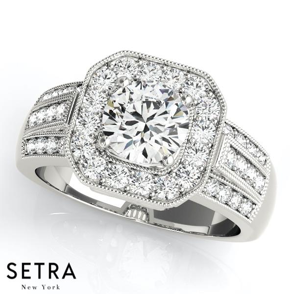 14K FINE GOLD ROUND CUT DIAMOND IN SQUARE HALO SEMI-MOUNT ENGAGEMENT RING