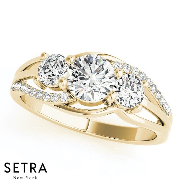 3 STONE ROUND CUT DIAMONDS ELEGANT 14K FINE GOLD ENGAGEMENT RING