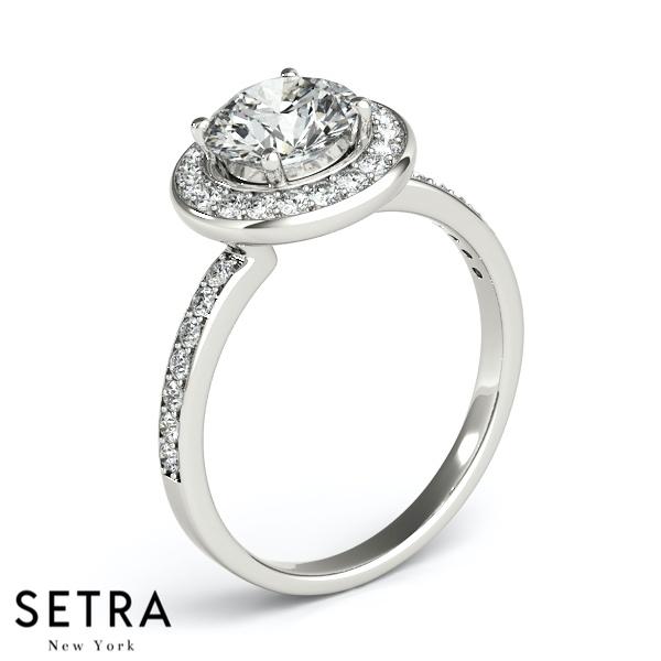 14K FINE GOLD ROUND CUT DIAMOND IN ROUND HALO SEMI-MOUNT ENGAGEMENT RING