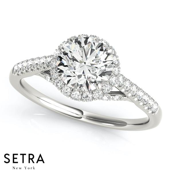 14K FINE GOLD ROUND CUT DIAMOND IN ROUND HALO SEMI-MOUNT ENGAGEMENT RING