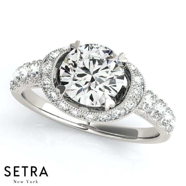 14K FINE GOLD ROUND CUT DIAMOND IN OVAL HALO SEMI-MOUNT ENGAGEMENT RING