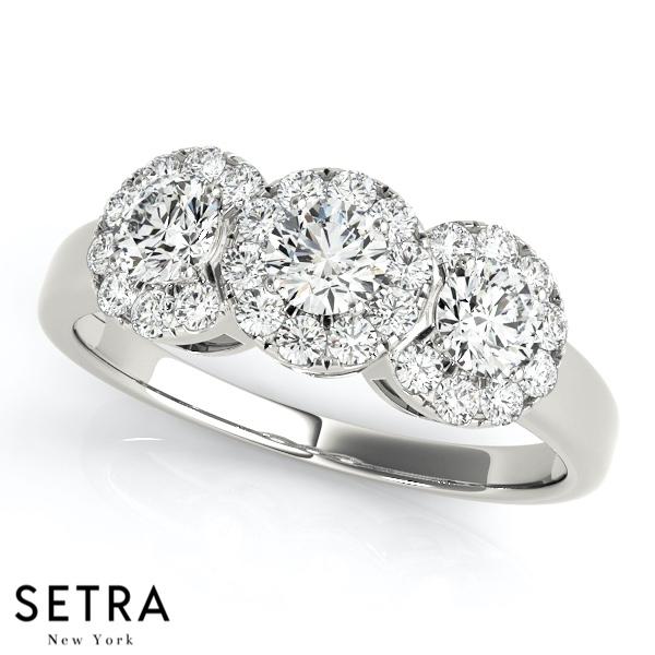 3 STONE HALO ROUND CUT DIAMONDS ELEGANT 14K FINE GOLD ENGAGEMENT RING