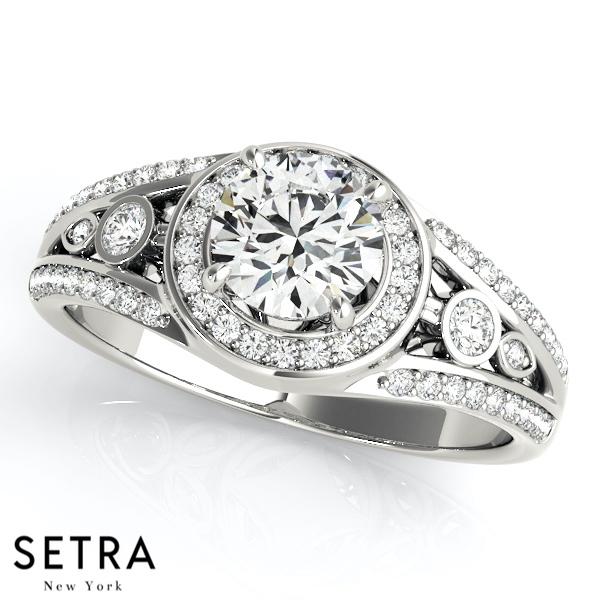 14K FINE GOLD ROUND CUT DIAMOND IN ROUND HALO SEMI-MOUNT ENGAGEMENT RING