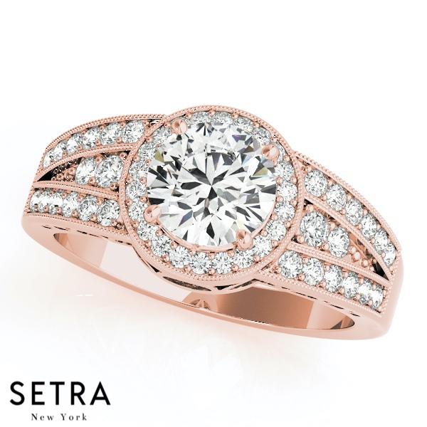 14K FINE GOLD ROUND CUT DIAMOND IN ROUND HALO SEMI-MOUNT ENGAGEMENT RING
