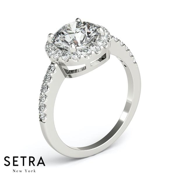 14K FINE GOLD ROUND CUT DIAMOND IN ROUND HALO SEMI-MOUNT ENGAGEMENT RING