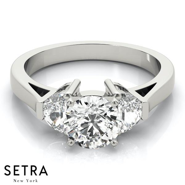 14K FINE GOLD ENGAGEMENT RING 3 STONE CLASSIC TRAPEZOID SHAPE TRAPS & HALF MOONS DIAMONDS