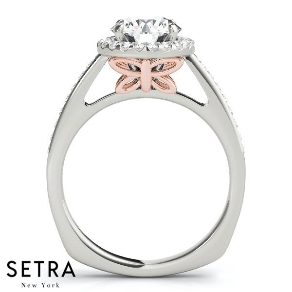 14K FINE GOLD ROUND CUT DIAMOND IN ROUND HALO SEMI-MOUNT ENGAGEMENT RING