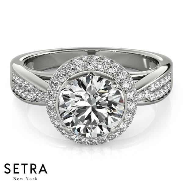 14K FINE GOLD ROUND CUT DIAMOND IN ROUND HALO SEMI-MOUNT ENGAGEMENT RING