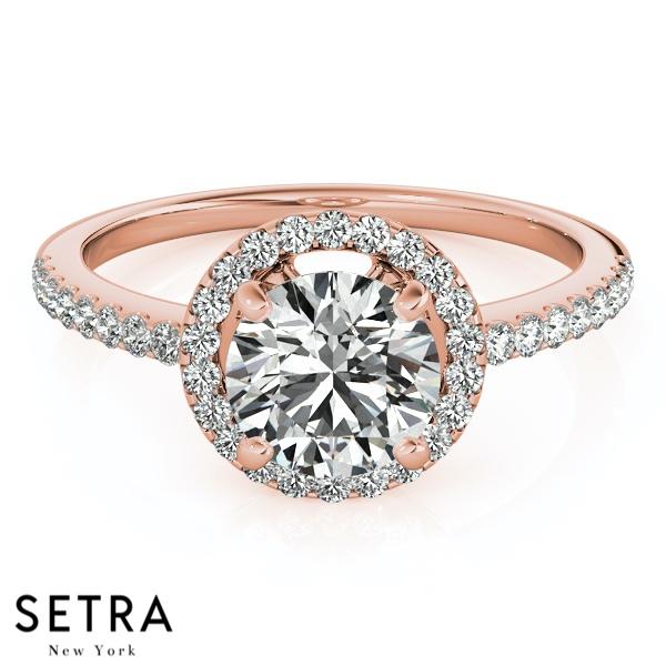 14K FINE GOLD ROUND CUT DIAMOND IN ROUND HALO ENGAGEMENT RING