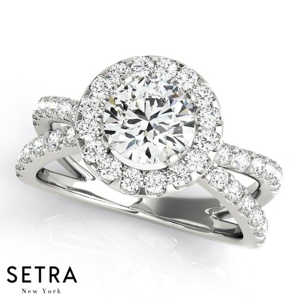 14K FINE GOLD ROUND CUT DIAMOND IN ROUND HALO SEMI-MOUNT ENGAGEMENT SPLIT SHANK RING