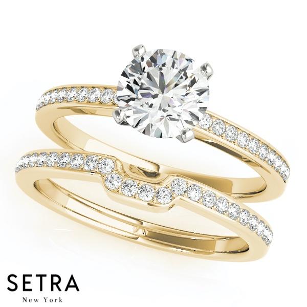 SET OF DIAMOND ENGAGEMENT & WEDDING BAND RINGS SINGLE ROW 14K GO;D
