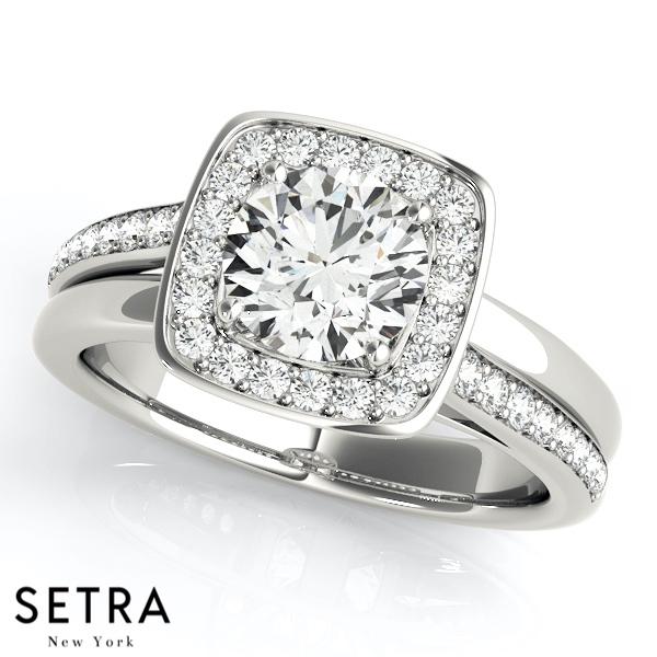 14K FINE GOLD ROUND CUT DIAMOND IN SQUARE HALO SEMI-MOUNT ENGAGEMENT RING