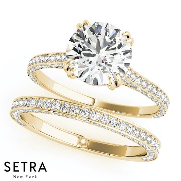SET OF PETITE DIAMOND ENGAGEMENT & WEDDING BAND RING 14K GOLD