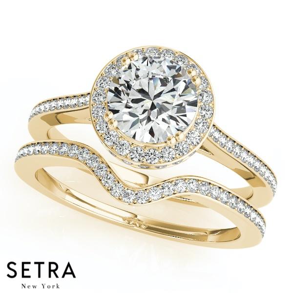 14K FINE GOLD DIAMOND IN ROUND HALO SEMI-MOUNT SET ENGAGEMENT BAND RING