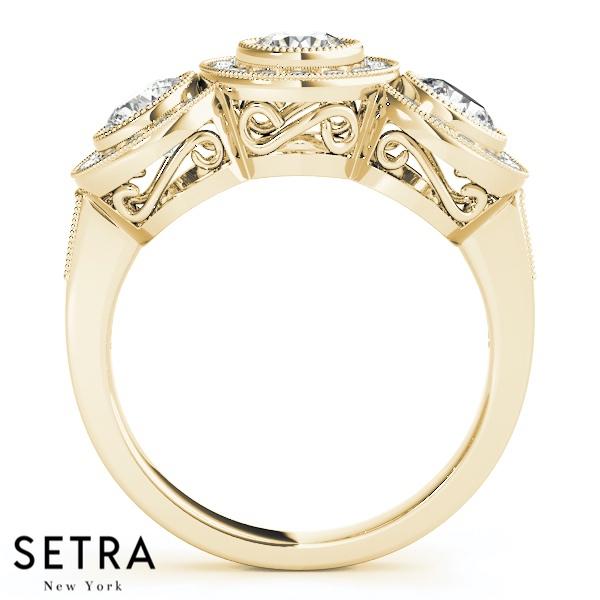 14K FINE GOLD ENGAGEMENT RING HALO 3 STONE CLASSIC ROUND CUT DIAMONDS