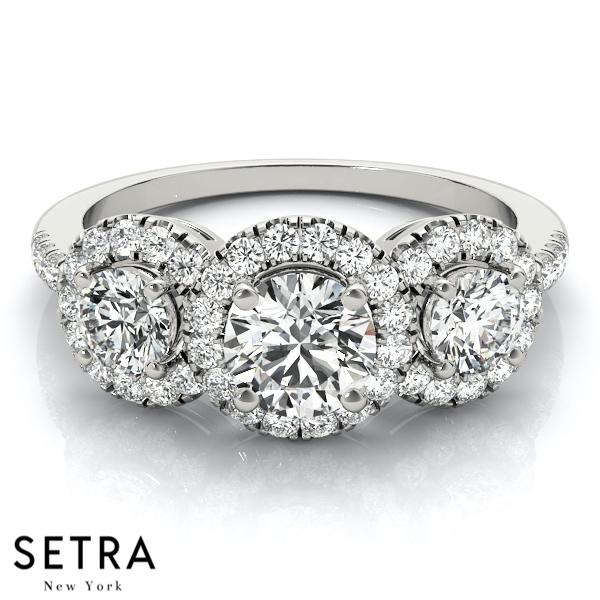 14K FINE GOLD ENGAGEMENT RING HALO 3 STONE CLASSIC ROUND CUT DIAMONDS