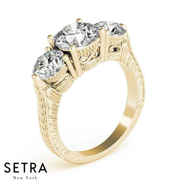 ANTIQUE 14K FINE GOLD ENGAGEMENT RING 3 STONE CLASSIC ROUND CUT DIAMONDS