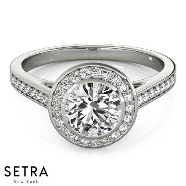 14K FINE GOLD ROUND CUT DIAMOND IN ROUND HALO SEMI-MOUNT ENGAGEMENT RING
