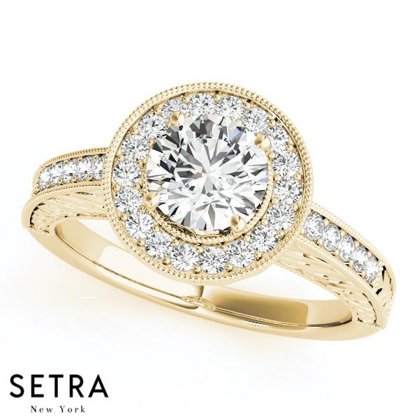 VINTAGE 14K FINE GOLD ROUND CUT DIAMOND IN ROUND HALO ENGAGEMENT RING