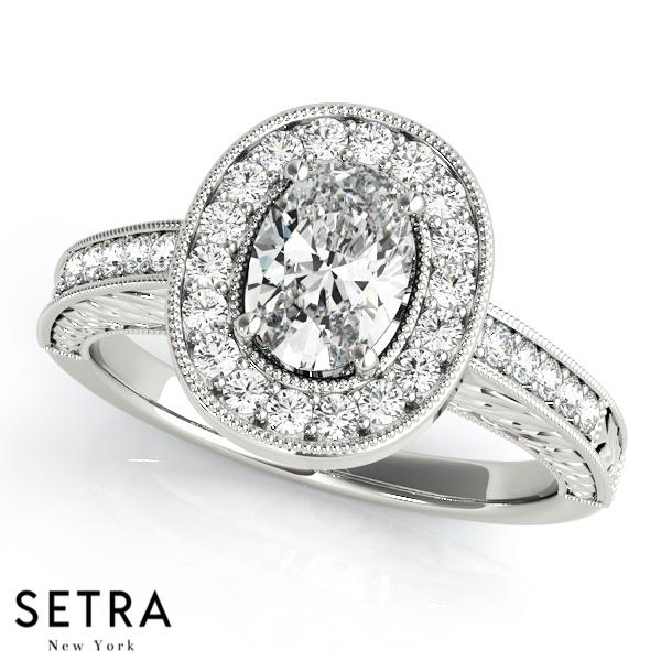 VINTAGE HALO OVAL ENGAGEMENT RINGS MARQUISE 14K GOLD
