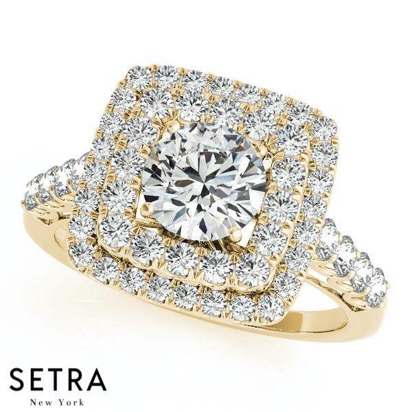 14K FINE GOLD ROUND CUT DIAMOND IN SQUARE DOUBLE ROW HALO ENGAGEMENT RING