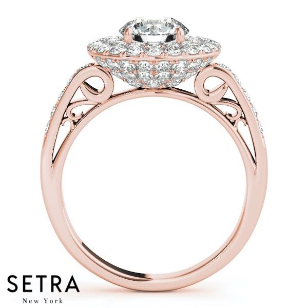 14K FINE GOLD ROUND CUT DIAMOND IN ROUND HALO DOUBLE ROW ENGAGEMENT RING