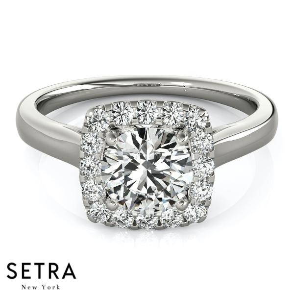 14K FINE GOLD ROUND CUT DIAMOND IN SQUARE HALO ENGAGEMENT RING