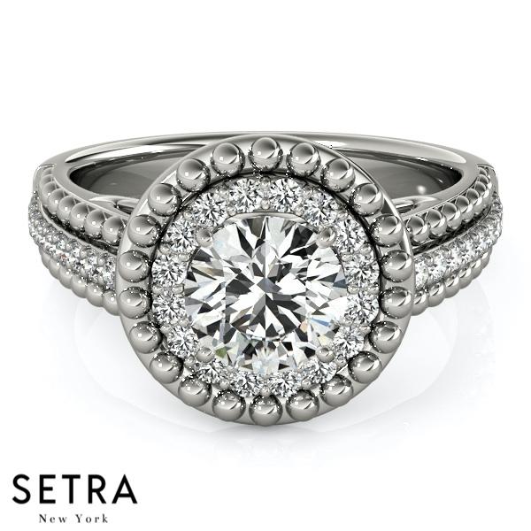 ANTIQUE 14K FINE GOLD ROUND CUT DIAMOND IN ROUND HALO ENGAGEMENT RING