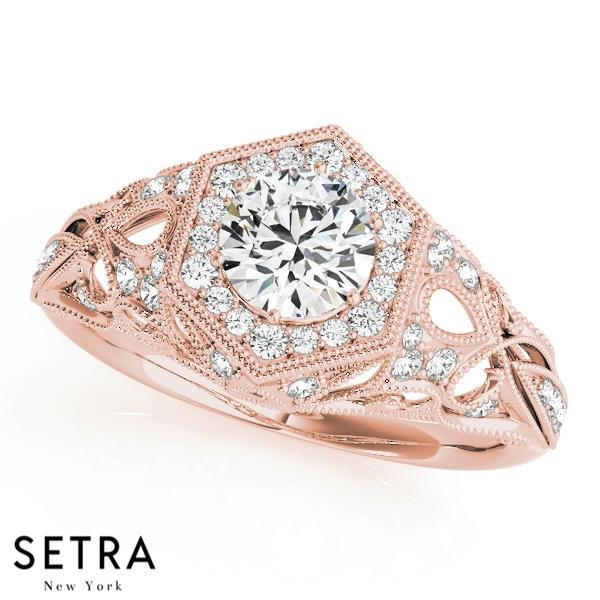 ANTIQUE SEMI - MOUNT 14K FINE GOLD ROUND CUT DIAMOND IN HEXAGON HALO ENGAGEMENT RING