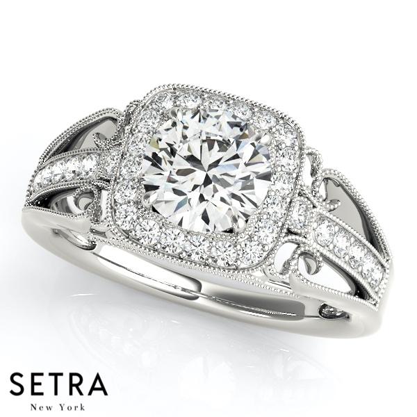 VINTAGE STYLE ROUND CUT DIAMONDS HALO ENGAGEMENT RING 18K YELLOW GOLD
