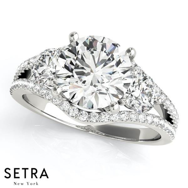 3 STONE ROUND CUT 14K GOLD HALO ENGAGEMENT RINGS