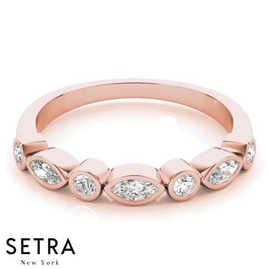UNIQUE COMBINATION OF MARQUISE & ROUND CUT DIAMONDS 14K  GOLD BAND RING