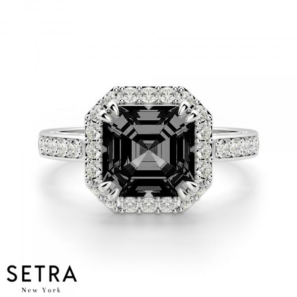 ASSCHER CUT BLACK DIAMOND & ROUND DIAMONDS HALO ENGAGEMENT 14K GOLD RING