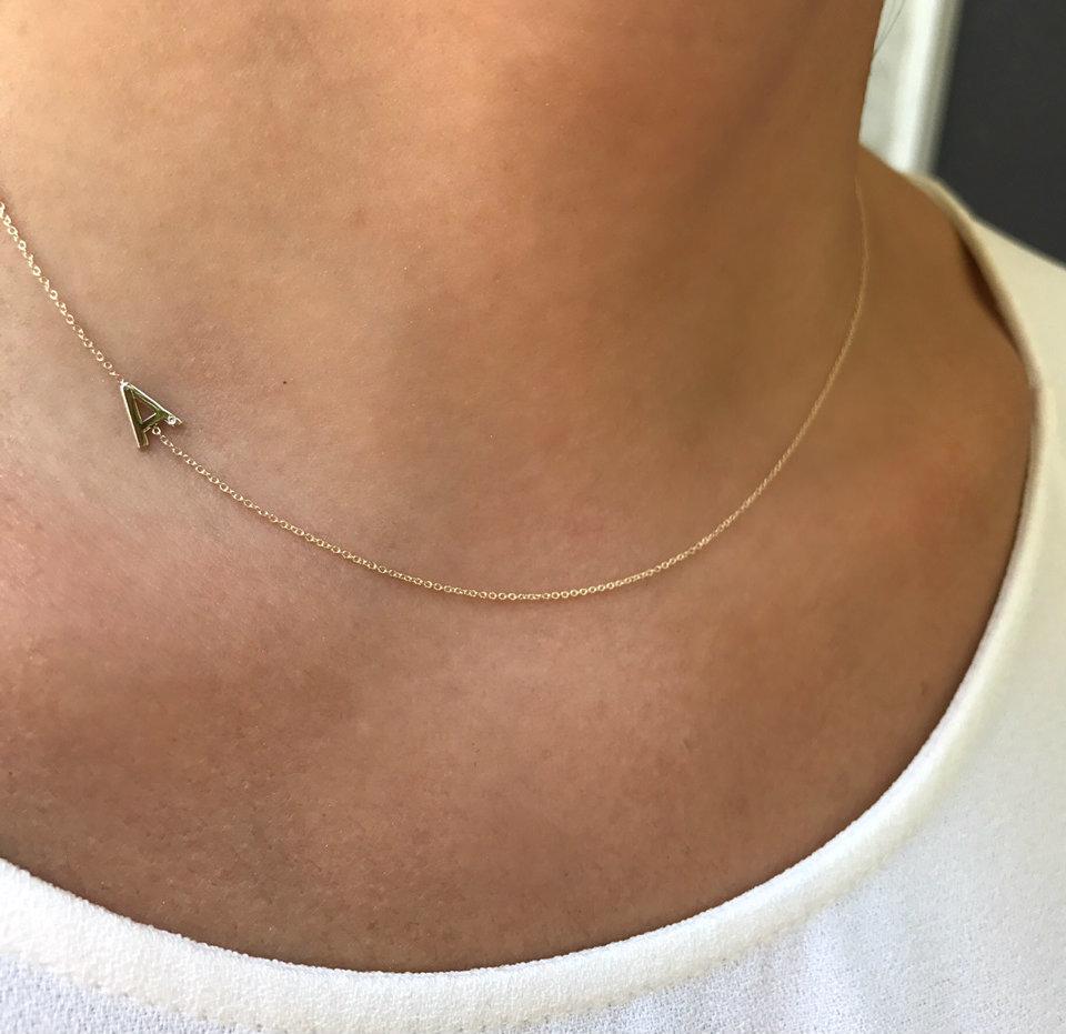 14k Gold Asymmetrical Initial with Tiny Diamond Necklace