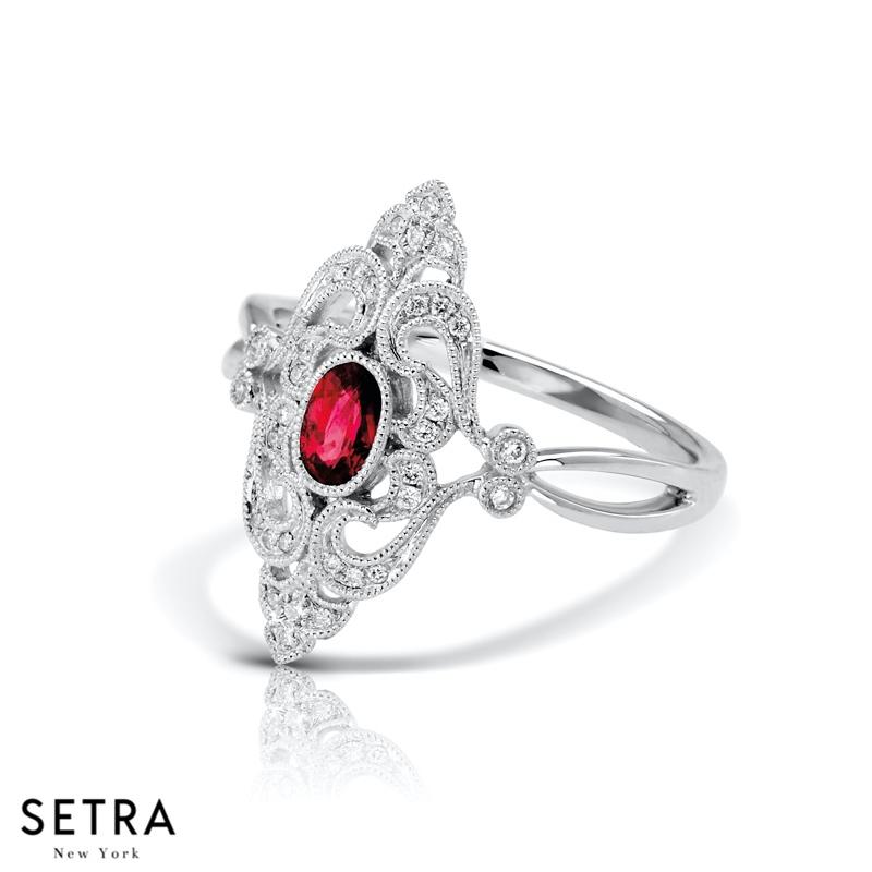 VINTAGE 14K FINE GOLD RUBY GEM & DIAMONDS DESIGNER RIGHT HAND RING