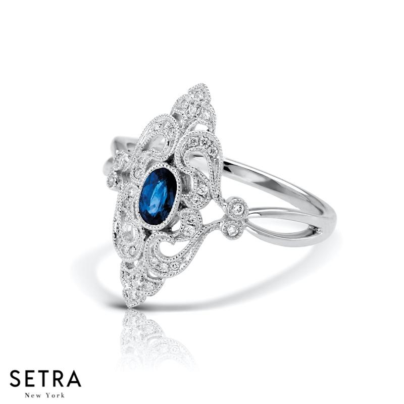 DESIGNER VINTAGE FINE 14K GOLD WITH DIAMOND & SAPPHIRE GEM RING