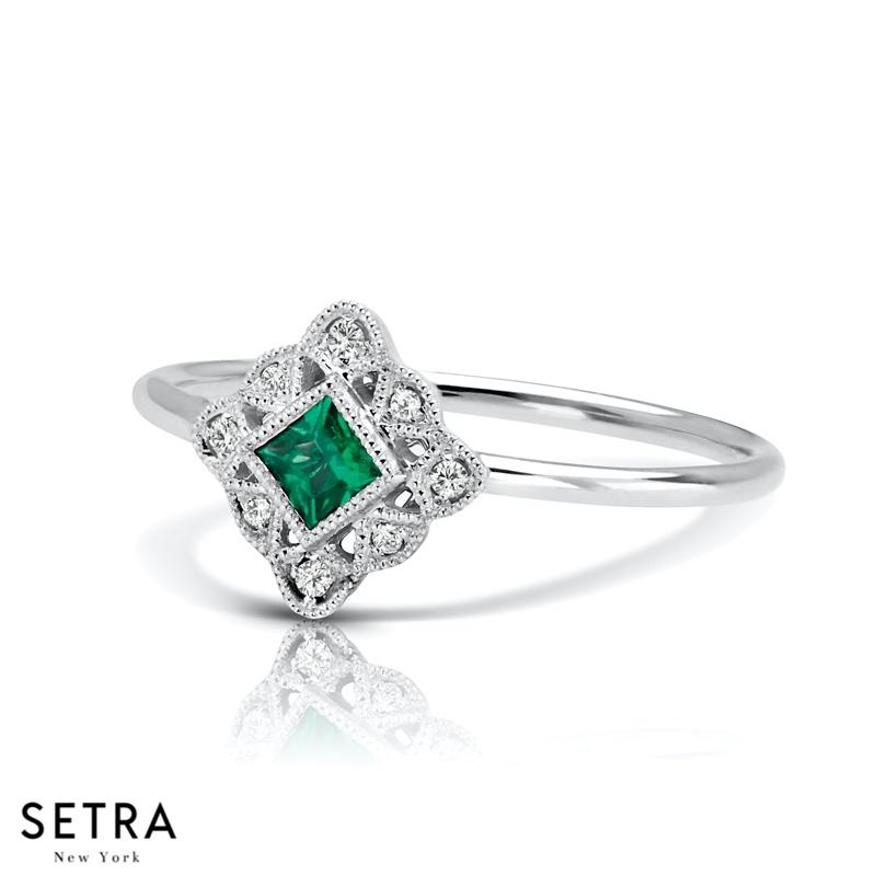 VINTAGE 14K FINE GOLD EMERALD GEM & DIAMONDS DESIGNER RIGHT HAND RING