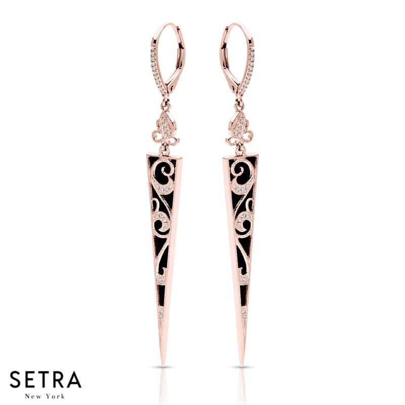 NATIVE AMERICAN DESIGNER 14K FINE ROSE GOLD & DIAMONDS DESIGNER CHANDELIER EARRING