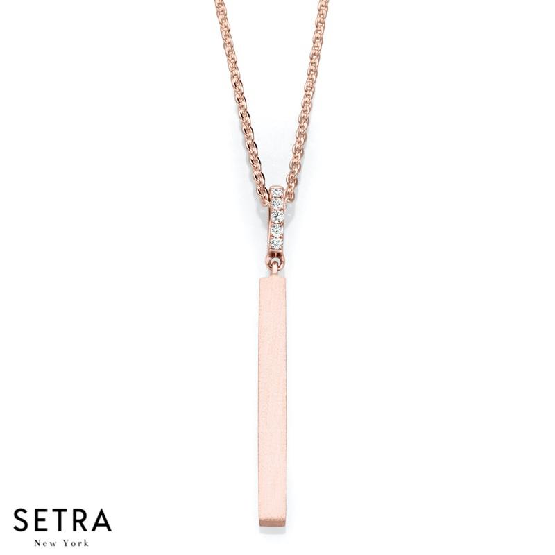 14K FINE ROSE GOLD WITH DIAMONDS LONG BAR NECKLACE MATT FINISH
