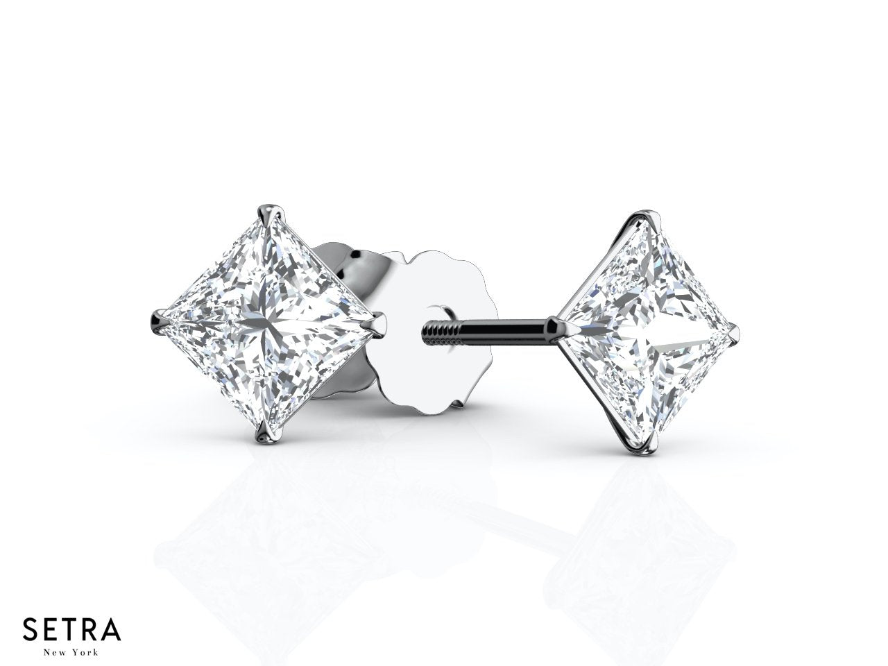 1.00ct Princess Cut Diamonds Studs Earrings Eagle Prong Setting Fine 18k Gold